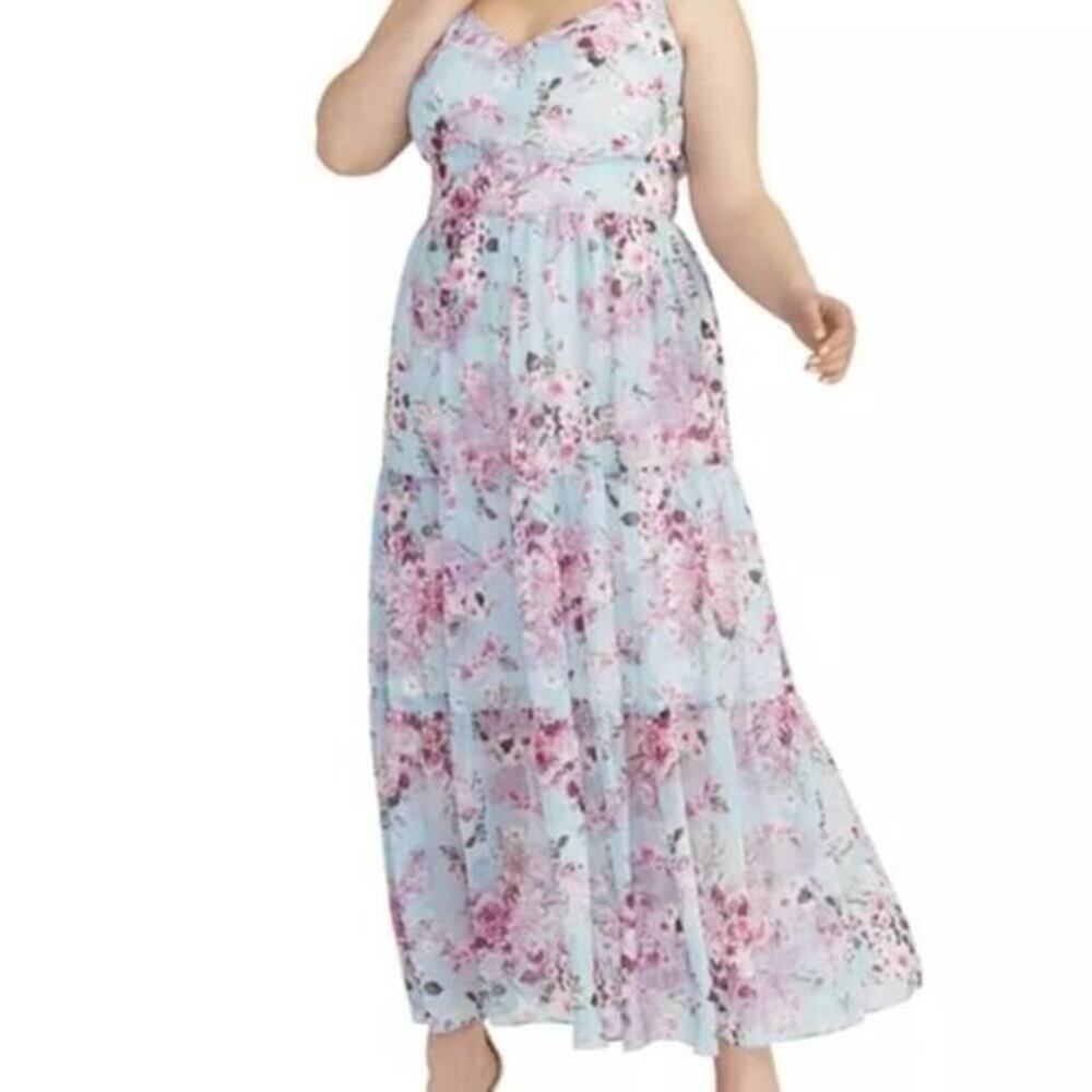 Floral Chiffon Maxi Dress Blue Pink V-Neck Tiered Spaghetti Strap Back Zip